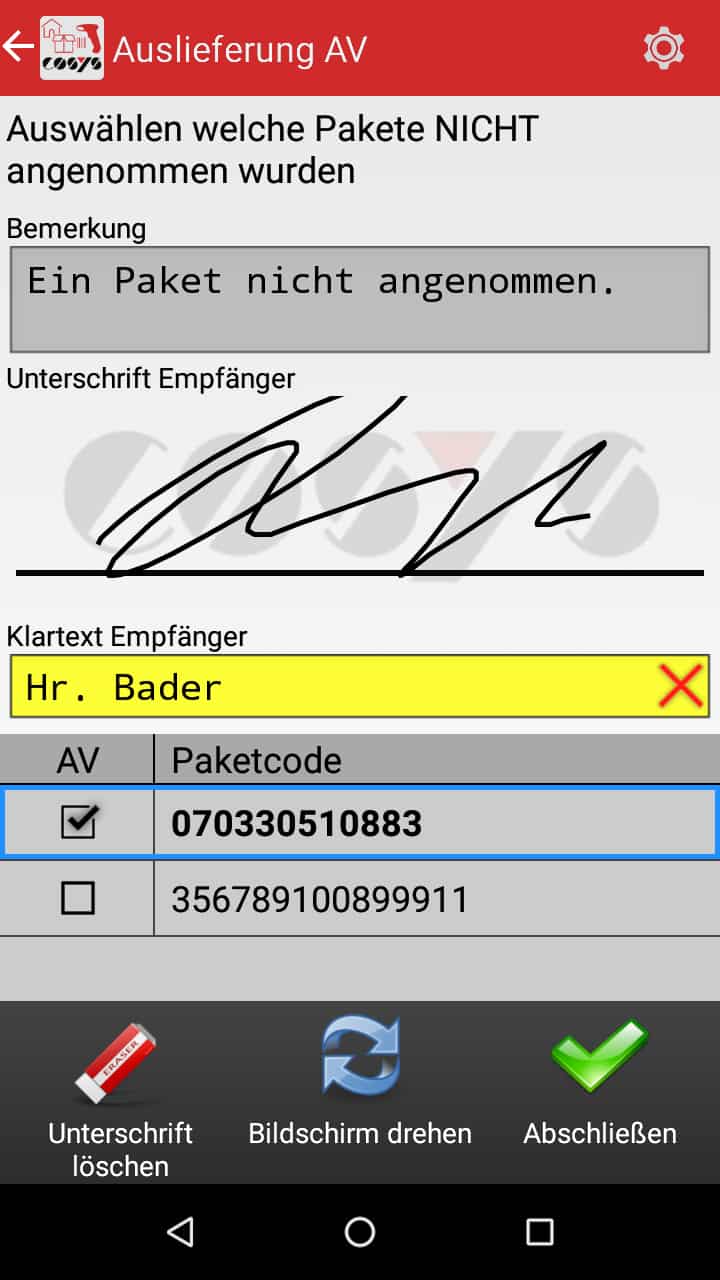 Réception des marchandises Aperçu des articles Logiciel Android de COSYS