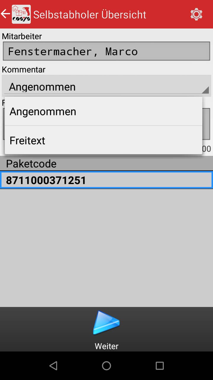 Réception des marchandises Aperçu des articles Logiciel Android de COSYS