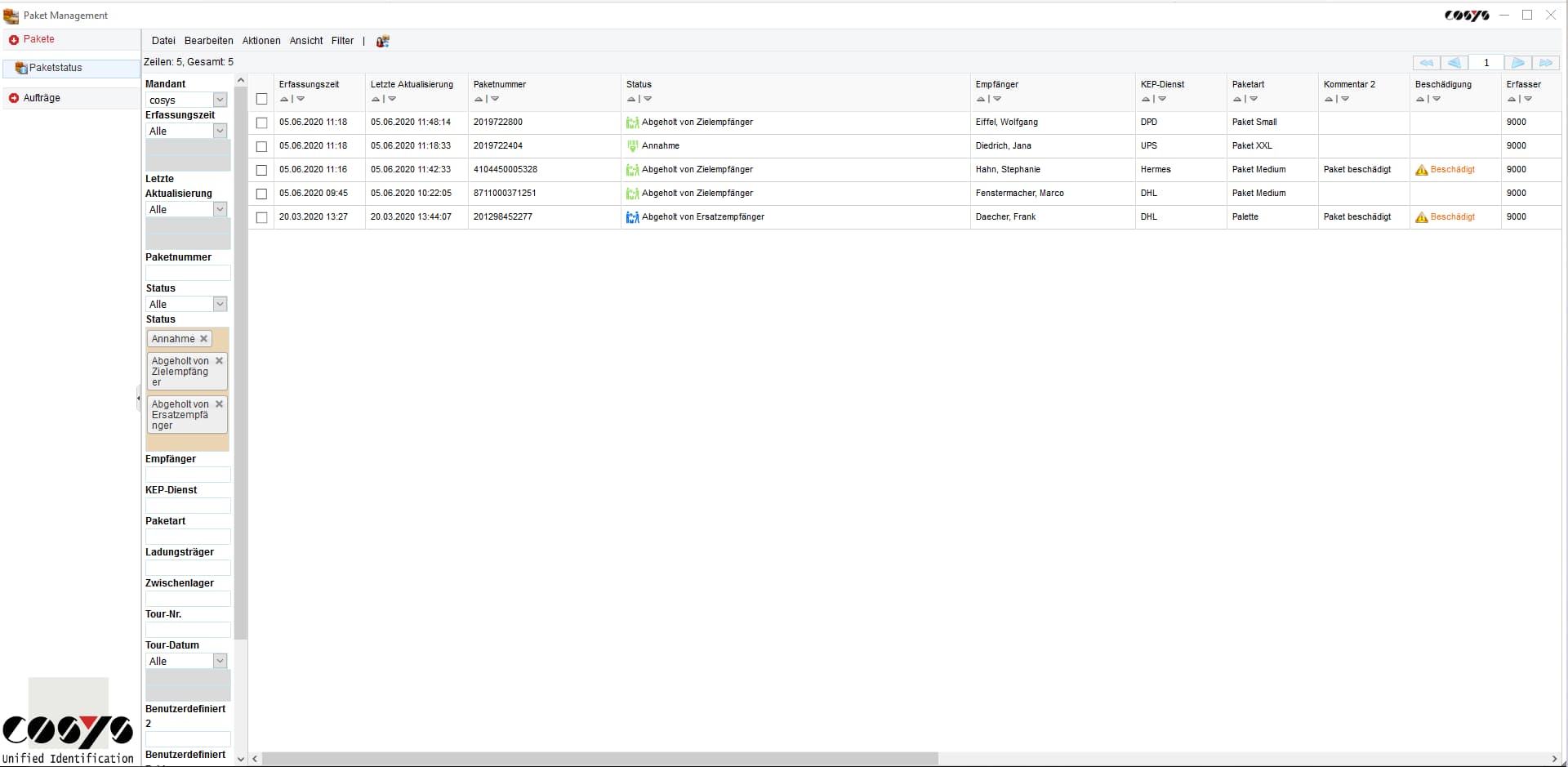 Paketshop COSYS WebDesk Statut de l´envoi Paketshop COSYS WebDesk Statut de l´envoi