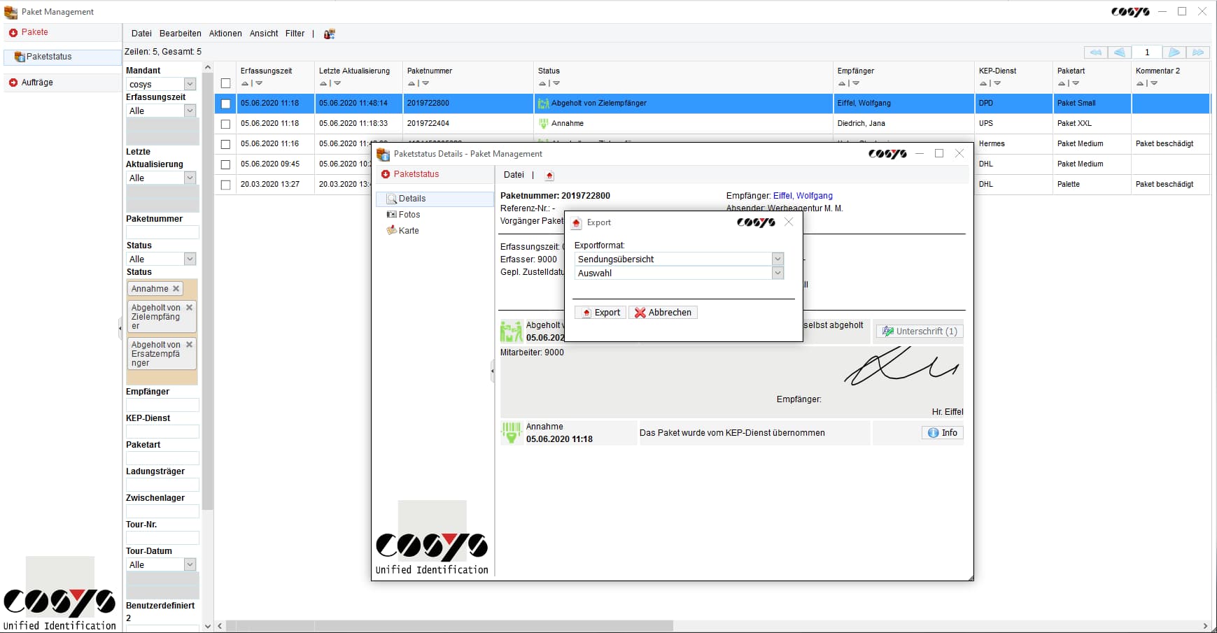 Statut de l´envoi COSYS Paket Management Statut de l´envoi COSYS Paket Management