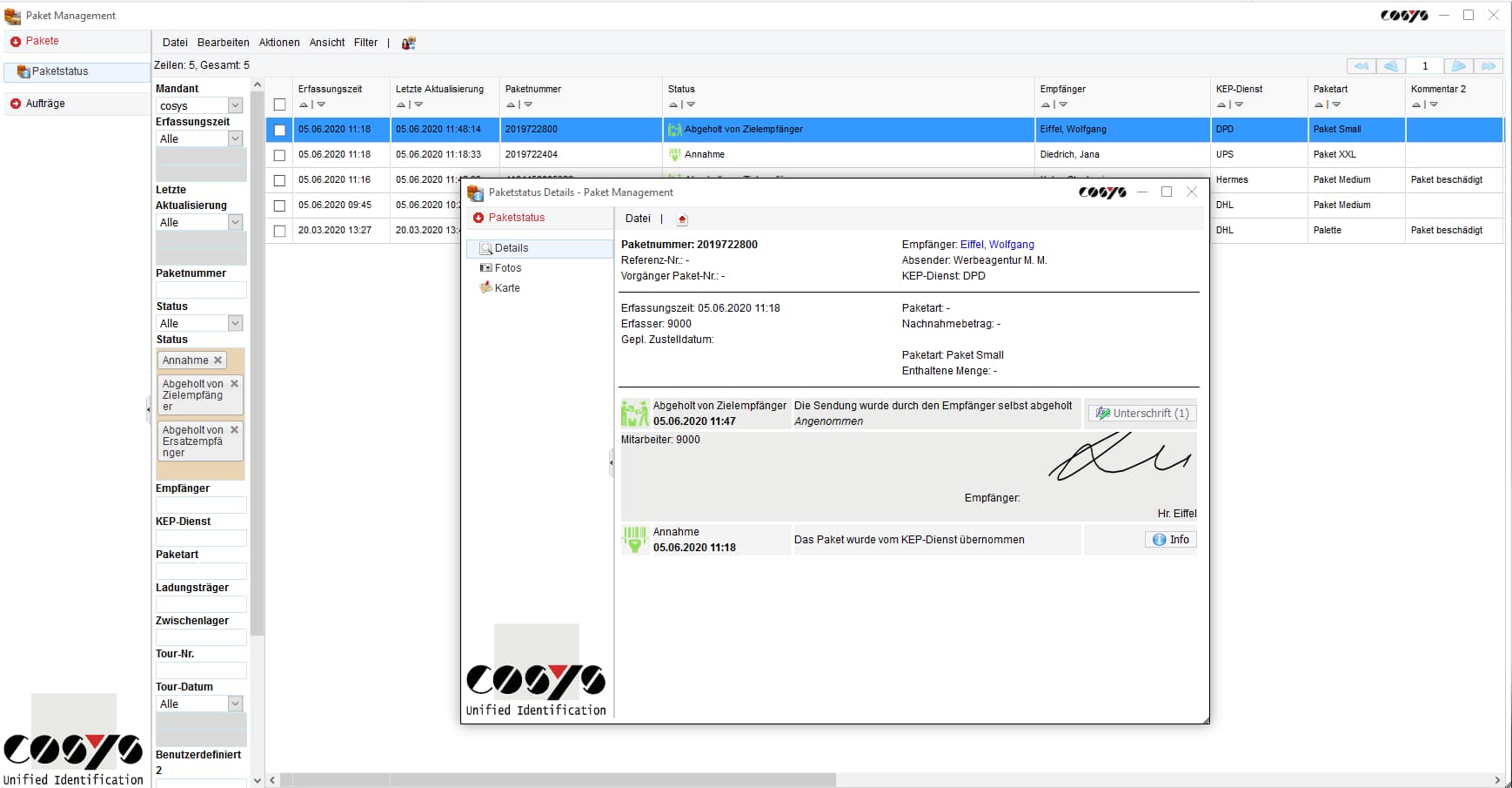 Statut de l´envoi COSYS Paket Management Statut de l´envoi COSYS Paket Management